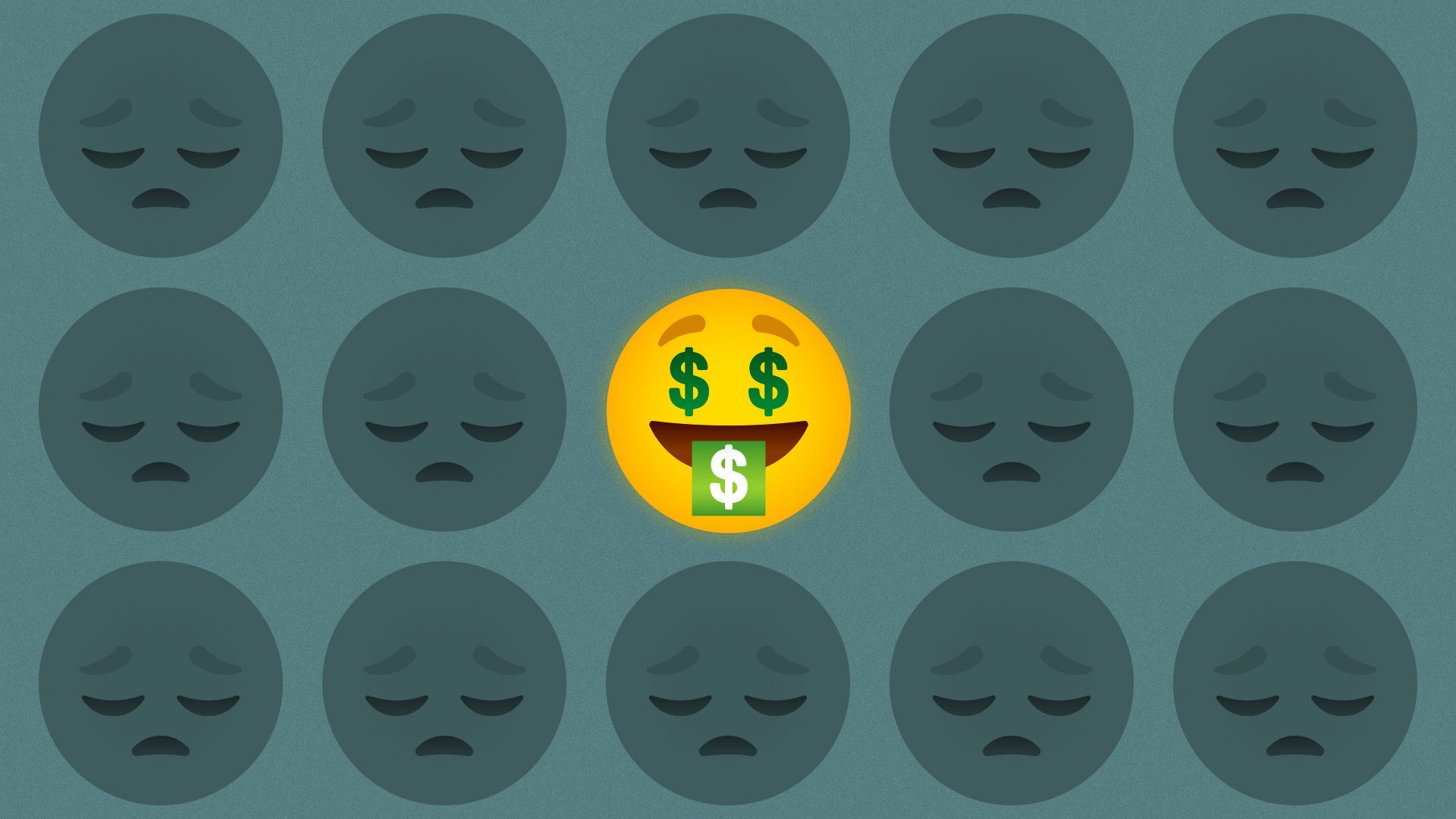 Illustration of a smiling emoji with dollar signs, surrounded by sad emoji.