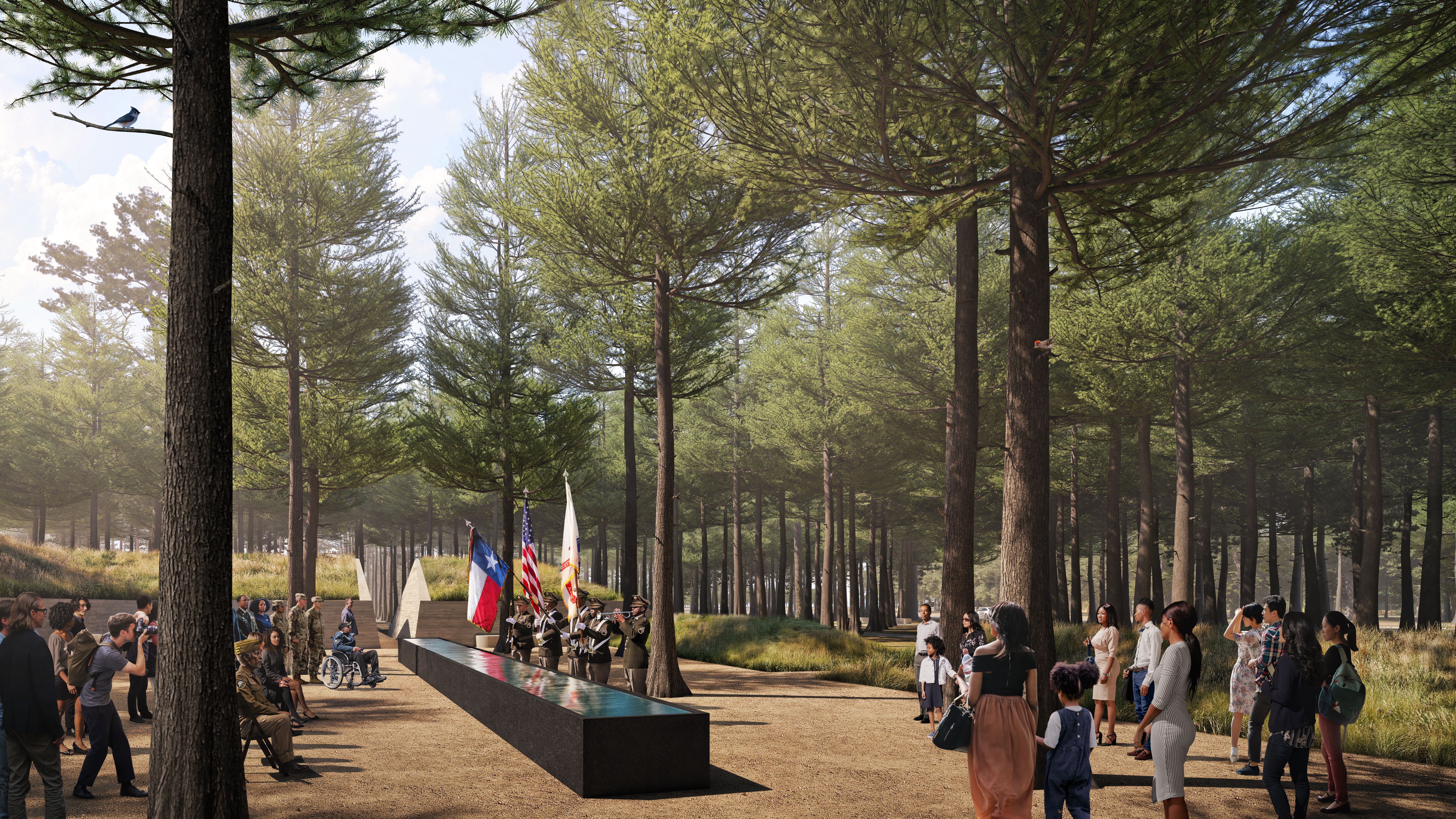 Rendering of a park with flags