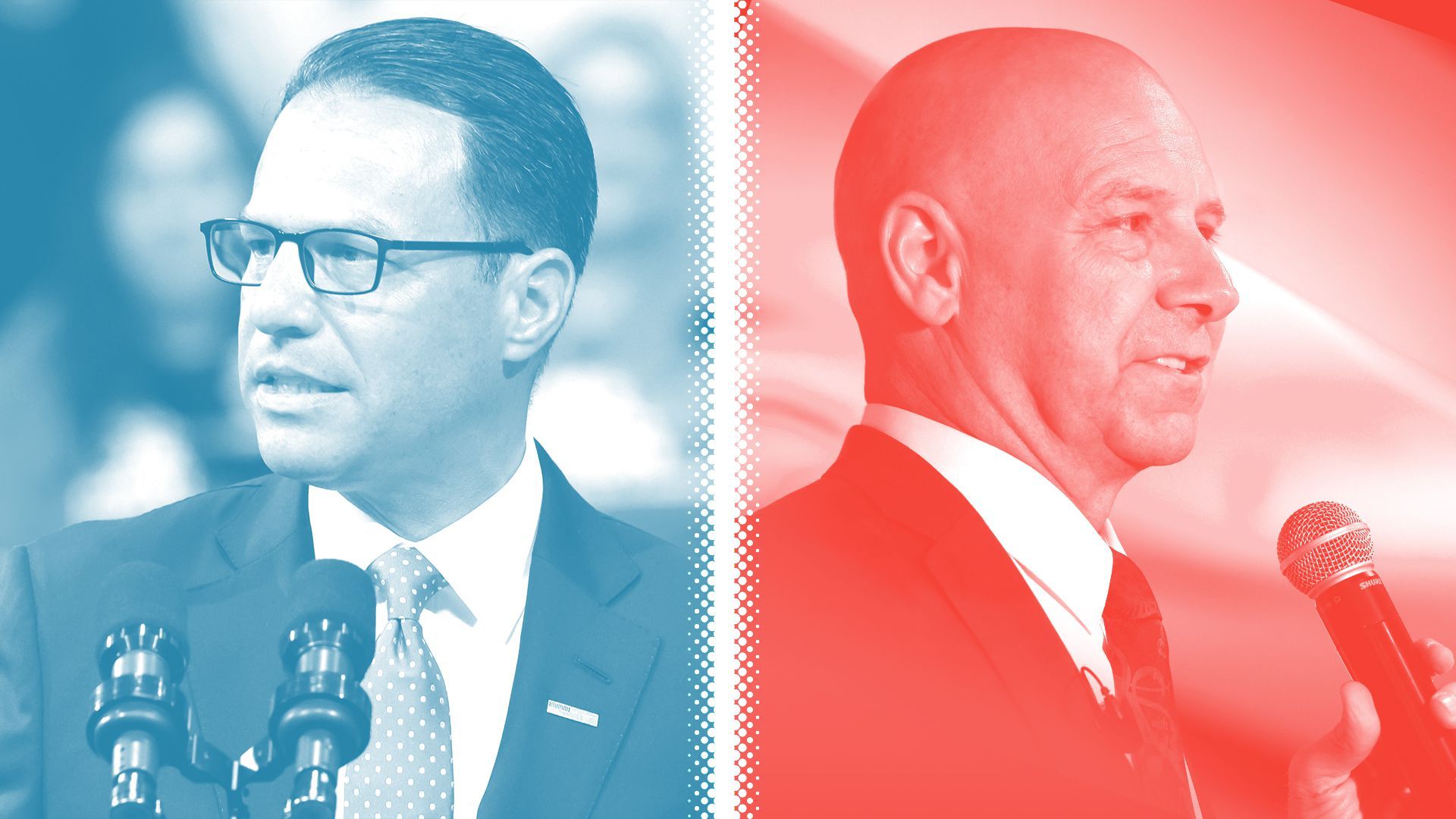 Photo illustration of a blue toned Josh Shapiro and a red toned Doug Mastriano separated by a white halftone line.