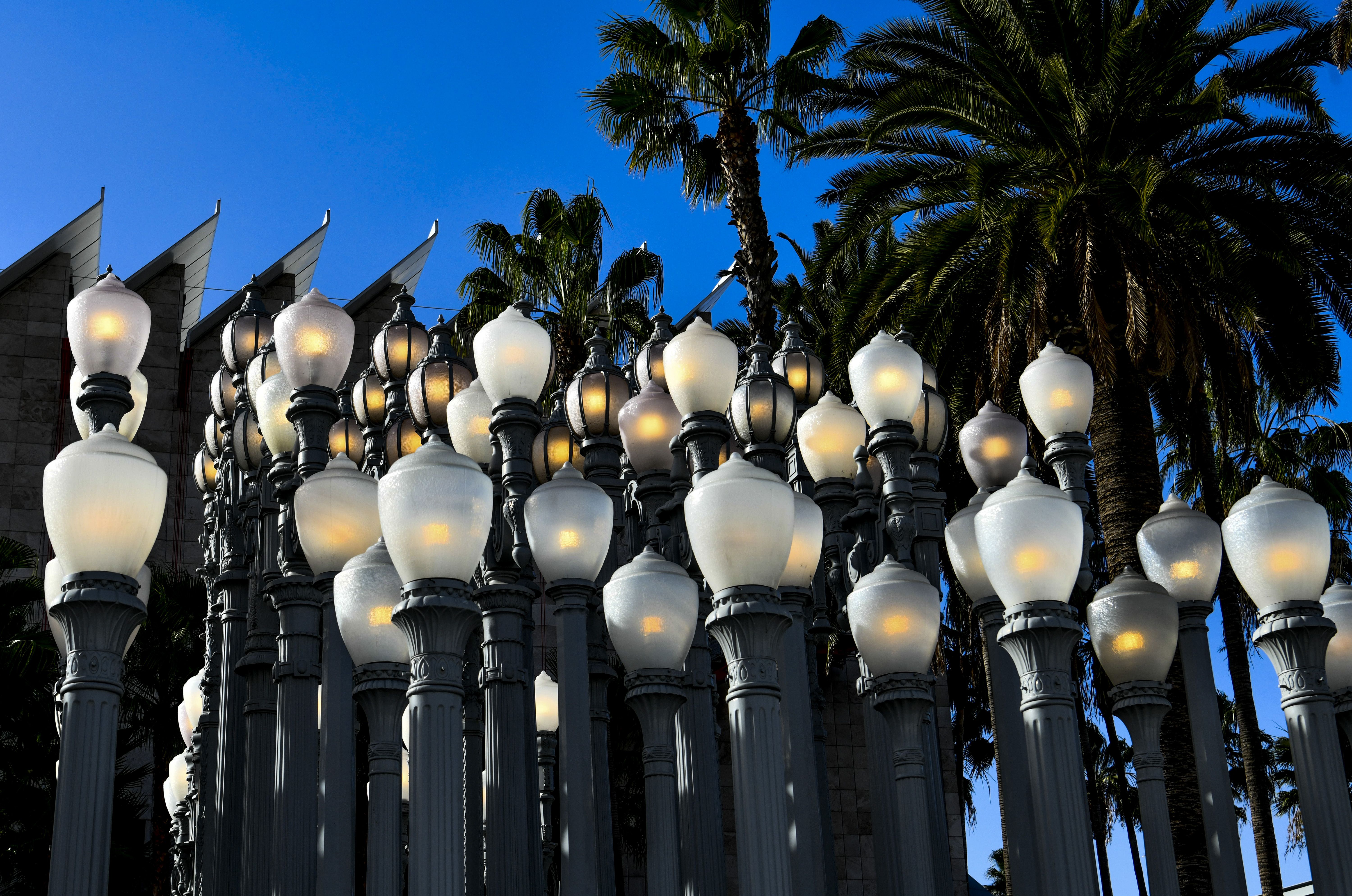 "Urban Light" by artist Chris Burden illuminates an amber hue at 2:30pm PST to support the Biden Inaugural Committee's COVID-19 Memorial