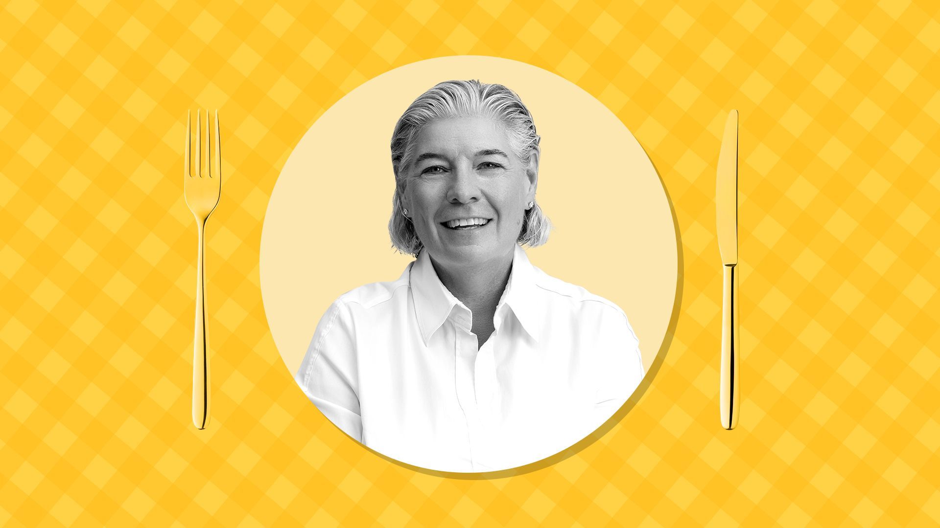 an illustration of Smartly CEO Laura Desmond on a picnic blanket print background