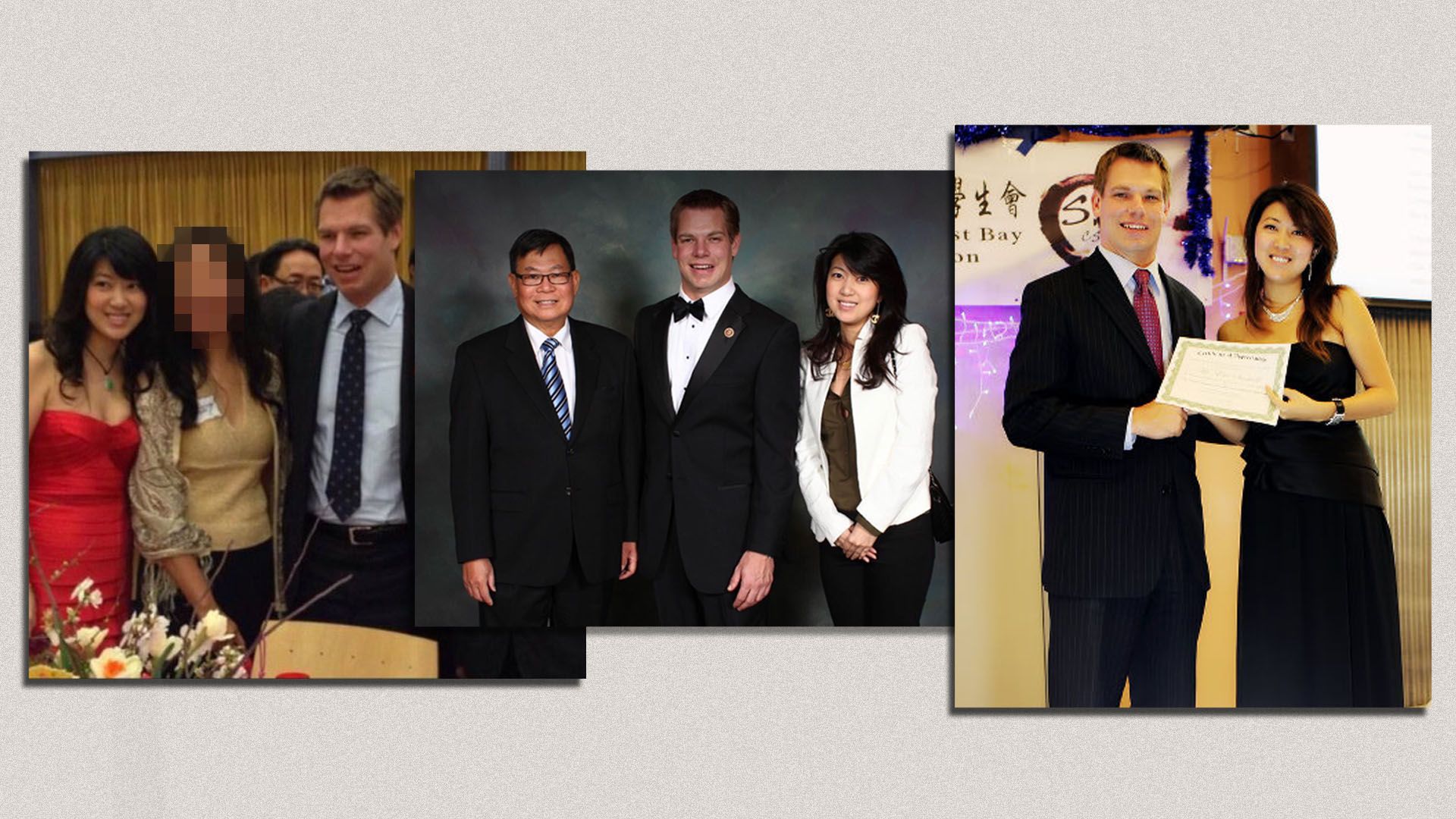 Three photos of Swalwell and Fang at events
