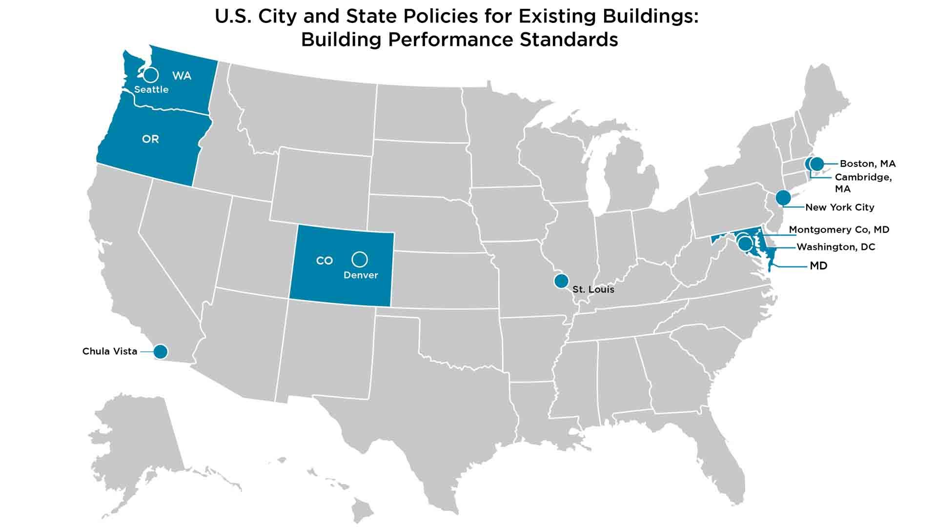 Map of U.S. City and State Policies for Existing Buildings indicating building performance standards