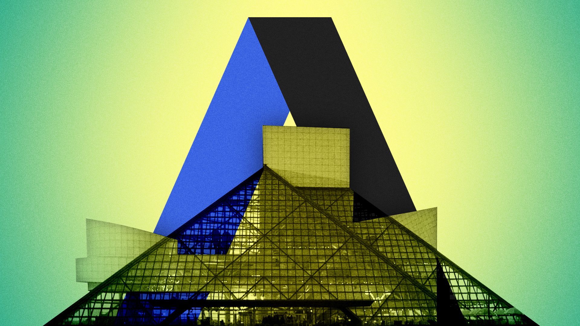 Illustration of the Axios A behind the Rock and Roll Hall of Fame.