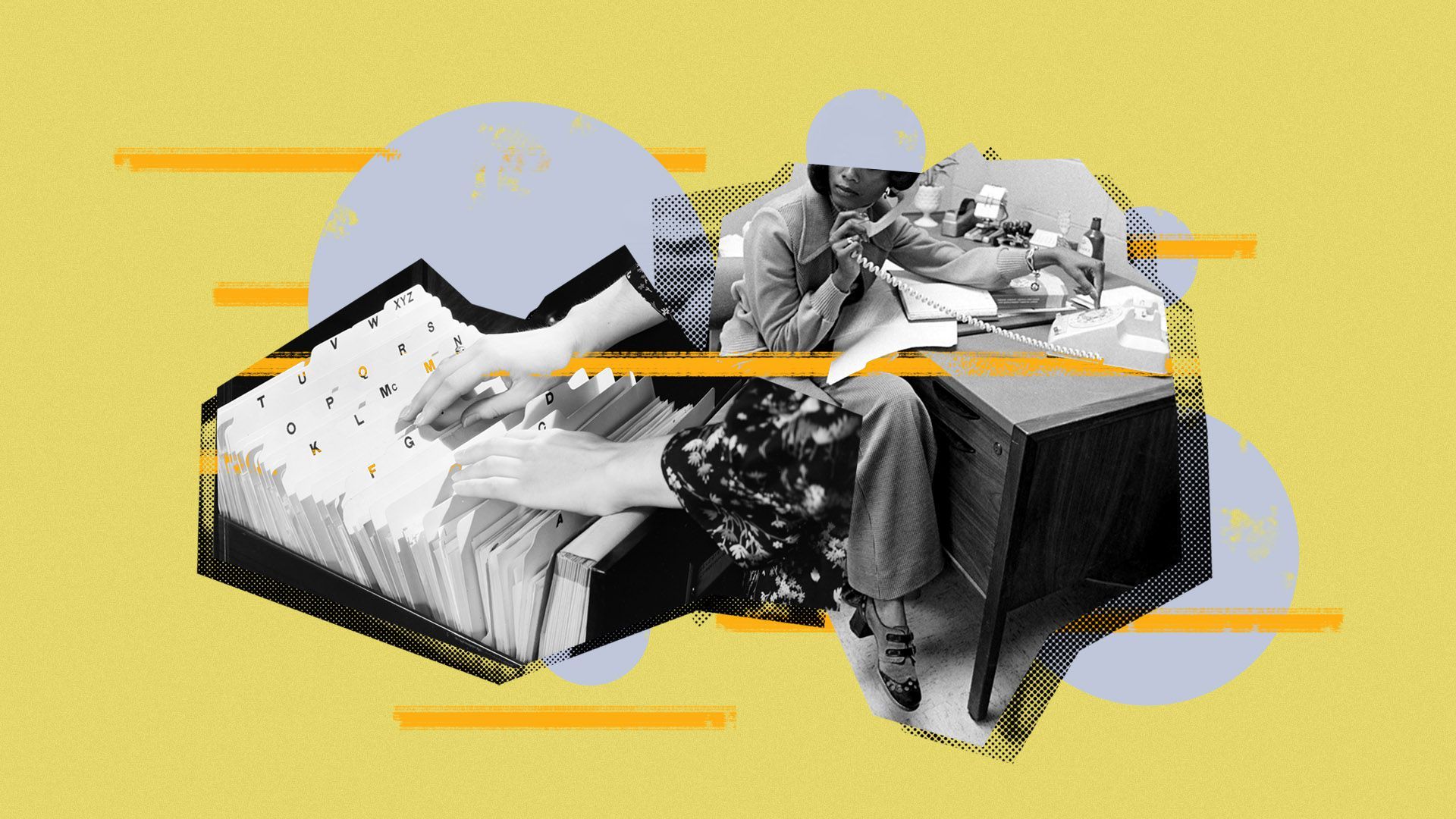 Illustrated collage of a woman sitting at an office desk next to a person looking through a filing cabinent 