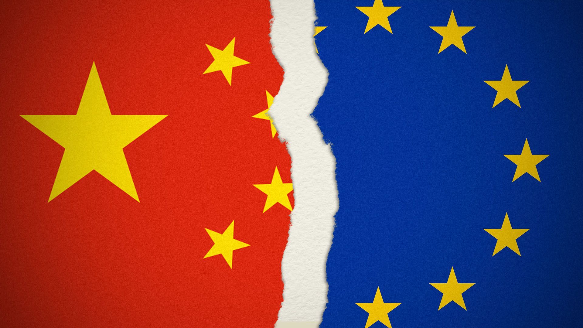  Illustration of the flags of the EU and China torn down the middle.