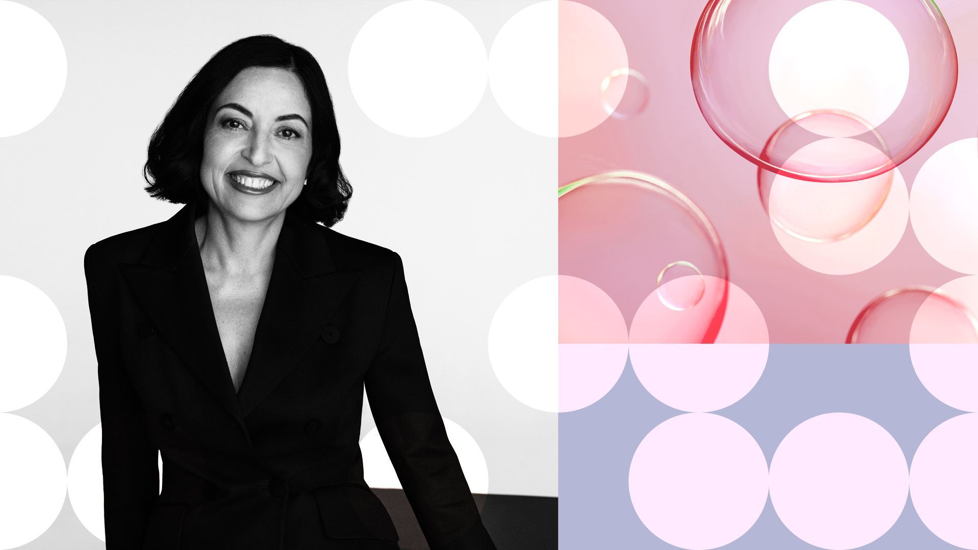 Photo illustration collage of Blanca Juti surrounded by abstract shapes.