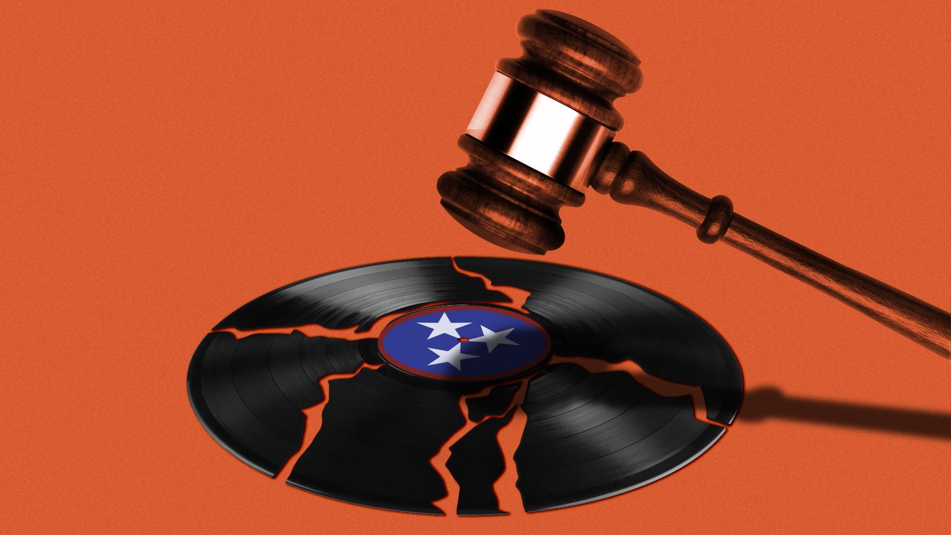 Illustration of a gavel smashing a vinyl record bearing a tri-star label.