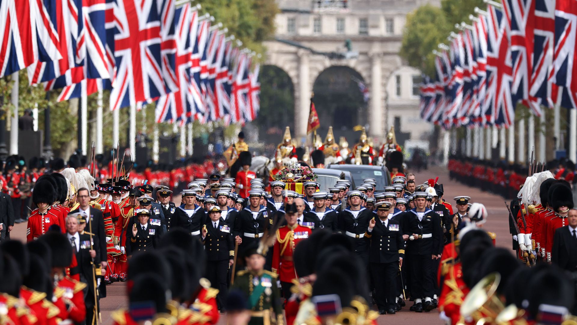 A photo of Coldstream Guards traveling along The Mall during the Queen's funeral.