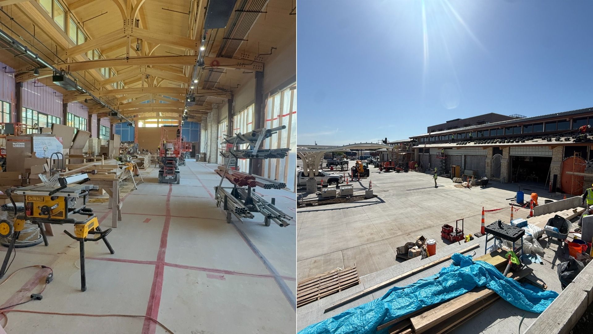 Split view: left - indoor construction workshop with wooden trusses and tools; right - bright outdoor site with machinery, workers, and a building under construction.