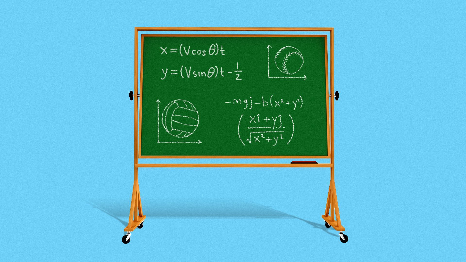 Illustration of a chalkboard with equations, a volleyball and a softball