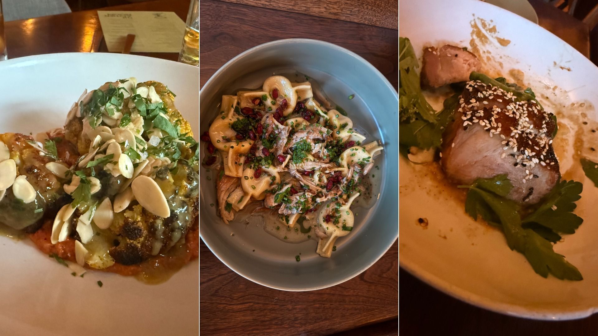 Triptych of dishes: left shows eggplant topped with almond slivers and fresh herbs; center creamy pasta with pomegranate seeds; right sesame-crusted pork chop with greens and sauce.