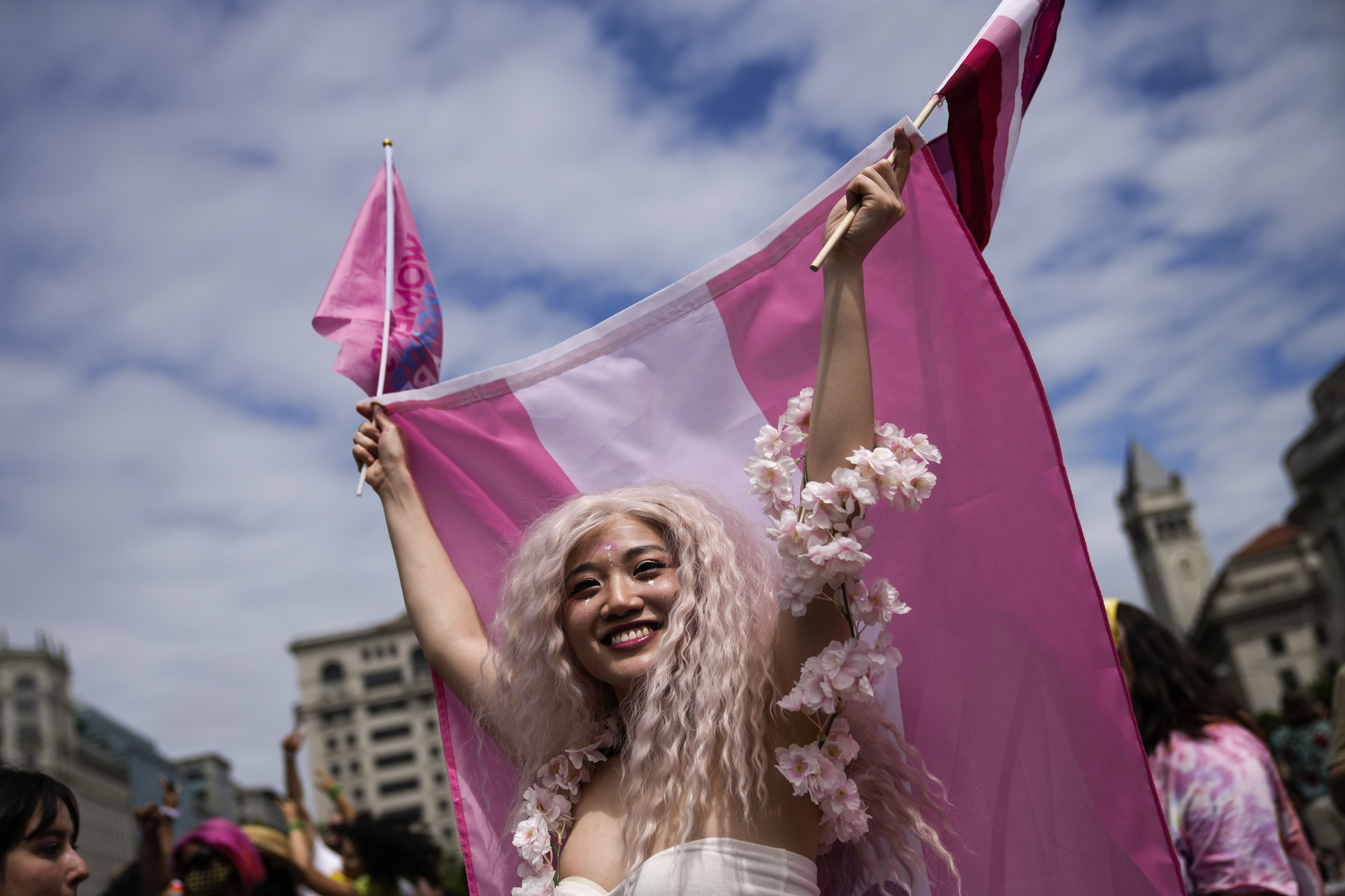 Photo of a person with pink hair and flowers wrapped around them, holding up a flag with three stripes (2 dark pink stripes and 1 light pink stripe) 