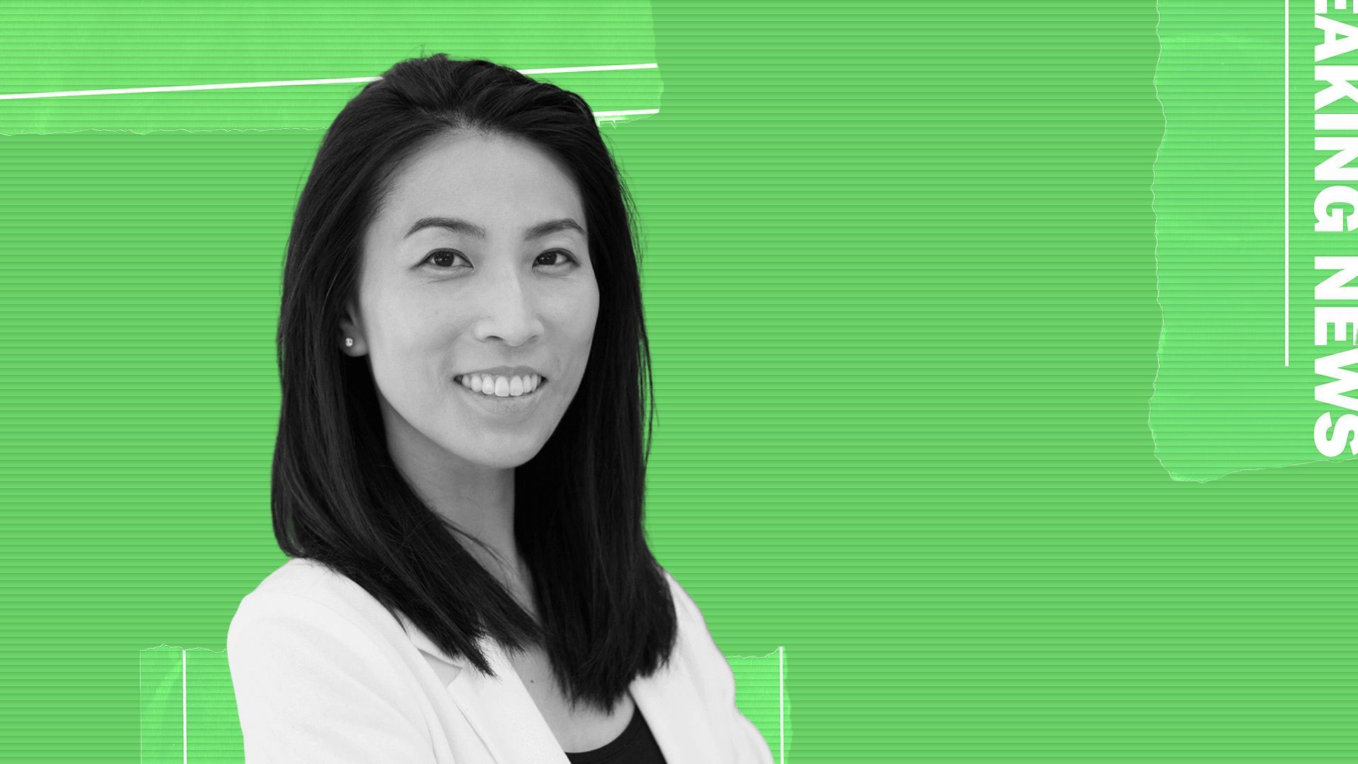 Photo Illustration of Connie Chan on a background of torn paper