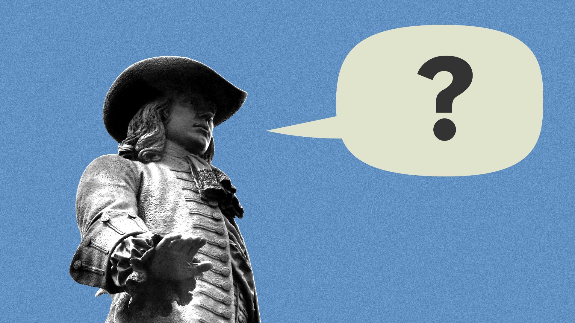 Illustration of the statue of William Penn from Philadelphia City Hall, with a word balloon coming out of its mouth, and a question mark in it.