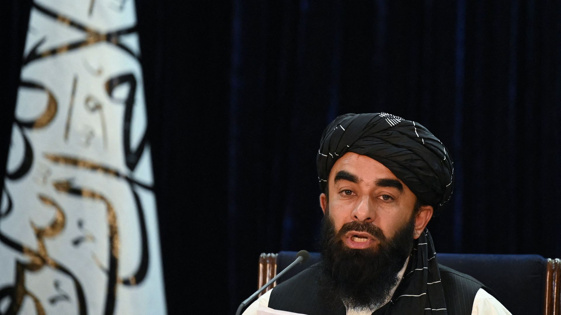 Taliban spokesman Zabihullah Mujahid speaks during a press conference in Kabul on September 7