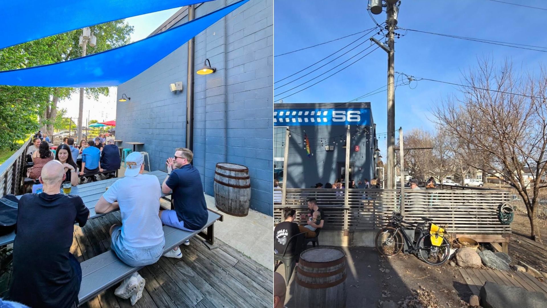 Two-panel outdoor scene: left shows diners under blue shade sails at a wooden patio beside a blue wall; right shows a gray building with 'S6', string lights, a fence, bicycles, and leafless trees against a blue sky.