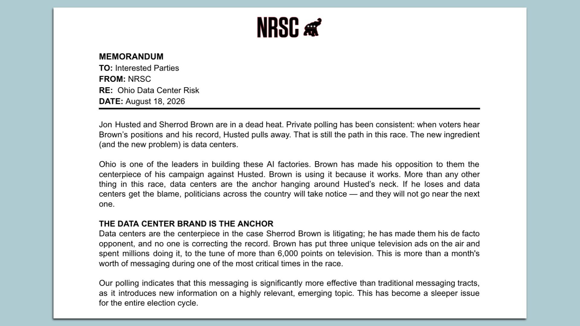 NRSC memorandum front page with headers MEMORANDUM, TO: Interested Parties, FROM: NRSC, RE: Ohio Data Center Risk, DATE: August 18, 2026; NRSC logo at top, body text about the political race.