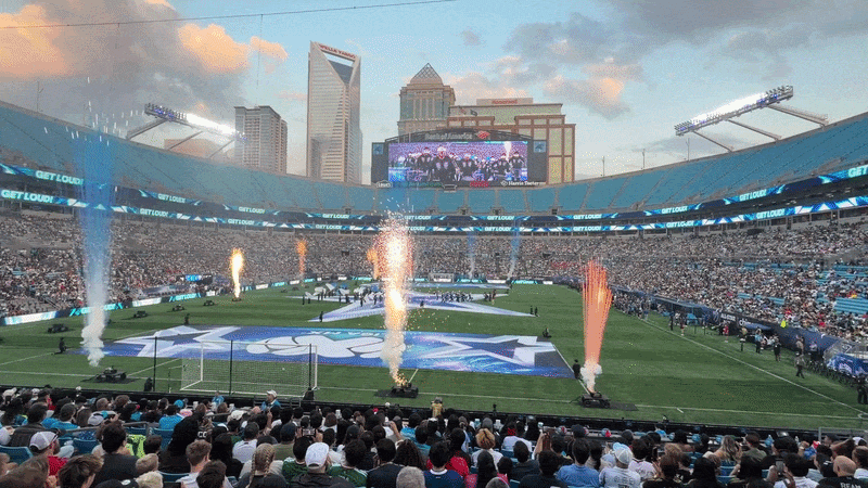 Fireworks at Bank of America Stadium in front of the Charlotte skyline during the MLS All-Star Game.