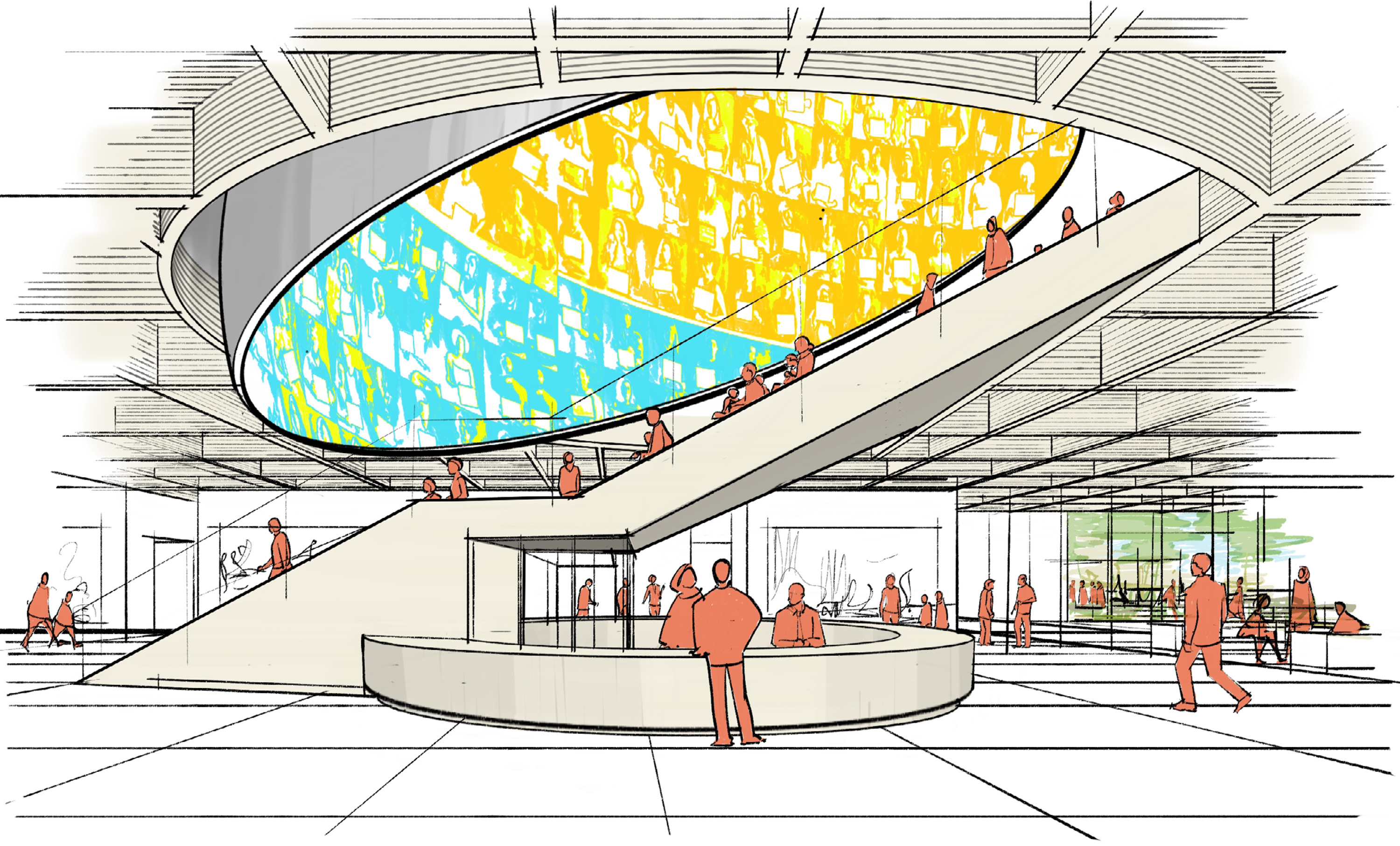 A conceptual rendering showing a dome-like structure hanging over an escalator.