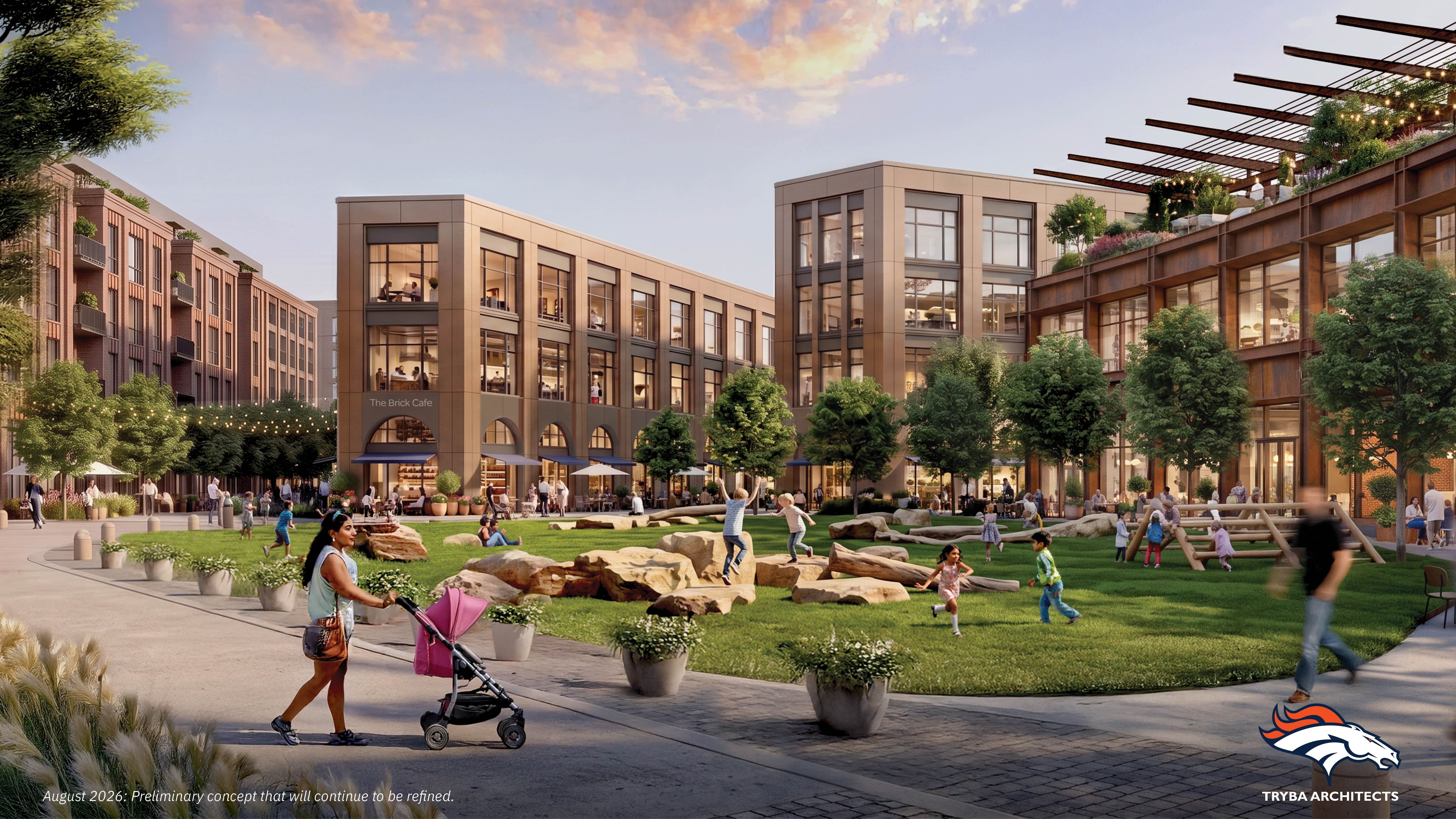 Rendering of a modern mixed-use plaza: brick and glass buildings, outdoor cafes, green lawn with rocks, trees, and a string-lit pergola; people stroll and kids play, Broncos logo in corner.