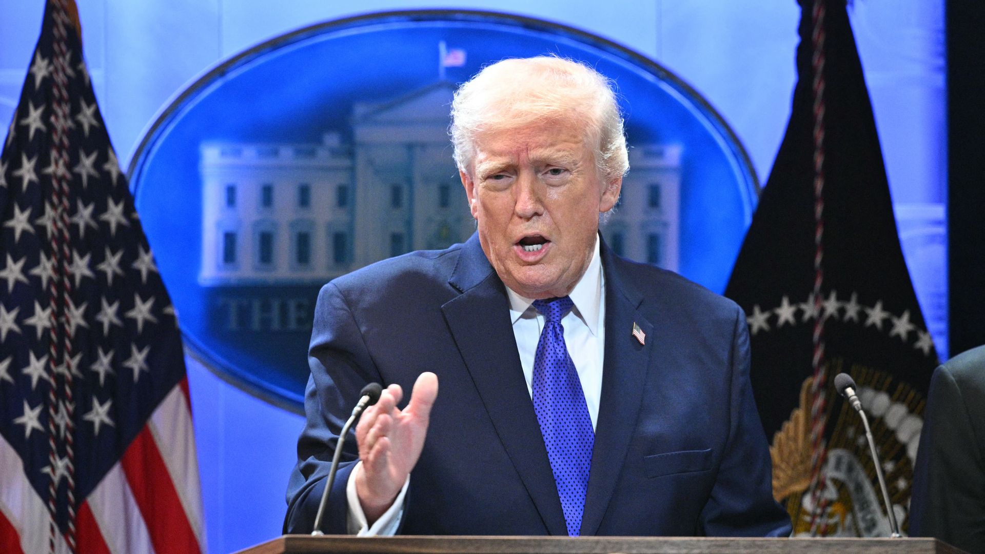 US President Donald Trump speaks during a press conference in the Brady Press Briefing Room of the White House in Washington, DC, on February 20, 2026. US President Donald Trump will hold a press conference Friday to discuss the Supreme Court's ruling against a major part of his tariffs.