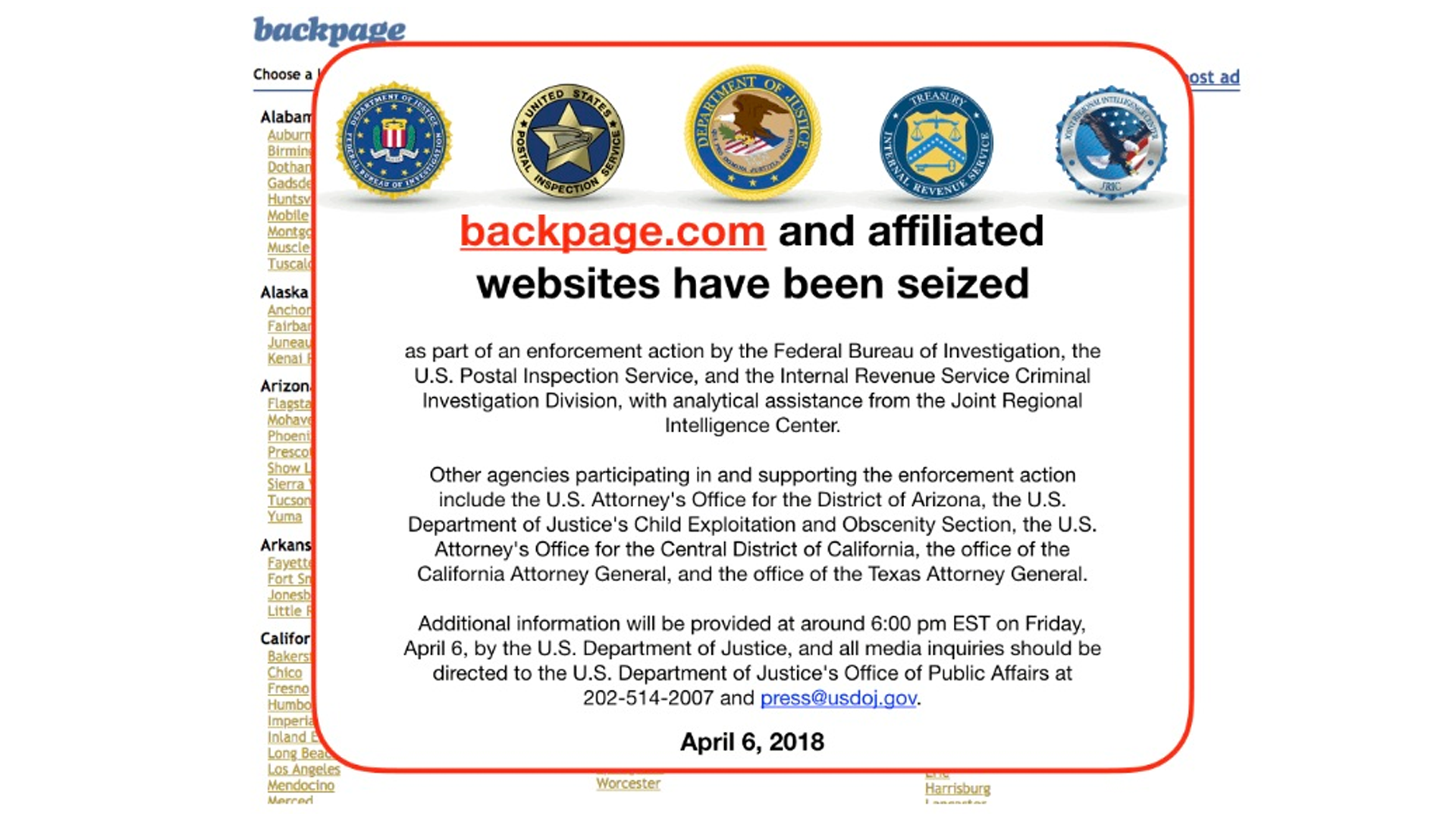 A screenshot shows the message posted to Backpage saying it had been seized