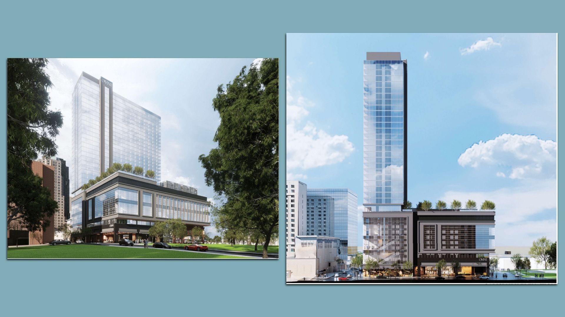 Two renderings of modern glass office towers in an urban landscape: left shows a wide glass complex with trees; right features a tall blue glass skyscraper against a blue sky and clouds.