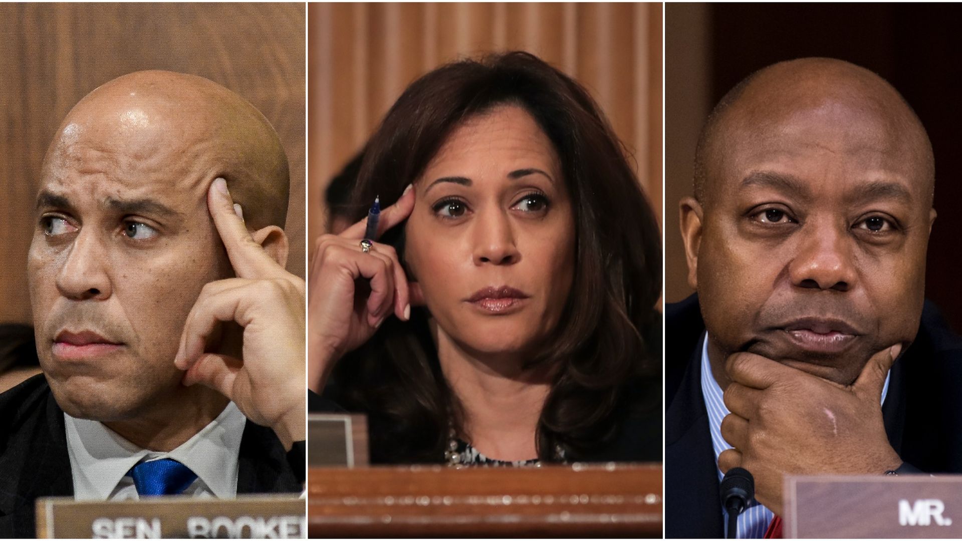 Senators Cory Booker, Kamala Harris, and Tim Scott in split screens lean their heads in their hands.