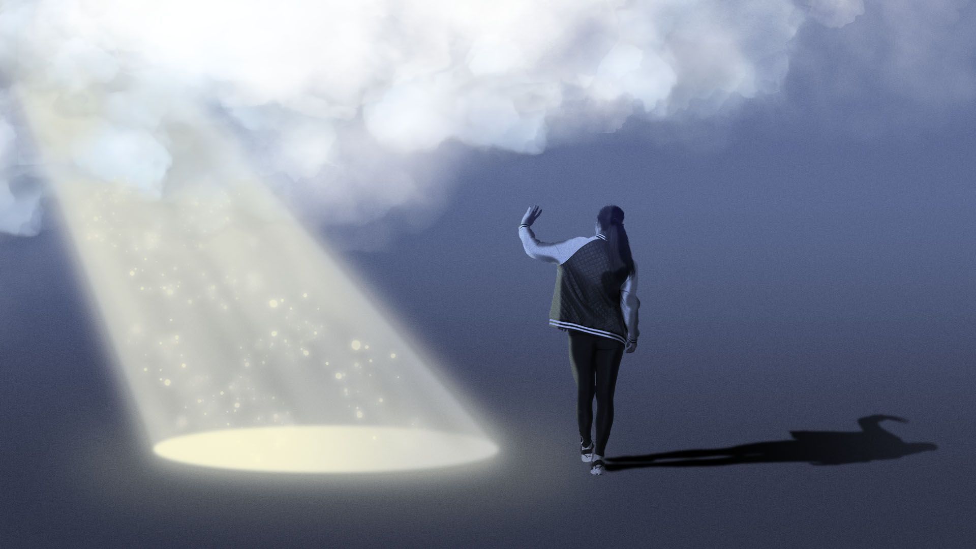 Illustration of a woman holding up her hand to a beam of light shining down next to her