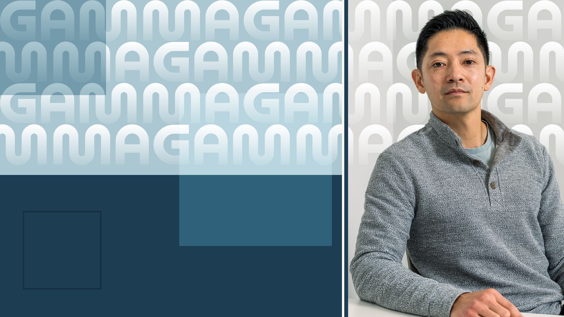 Photo illustration of Grant Lee beside the Gamma logo and abstract shapes.