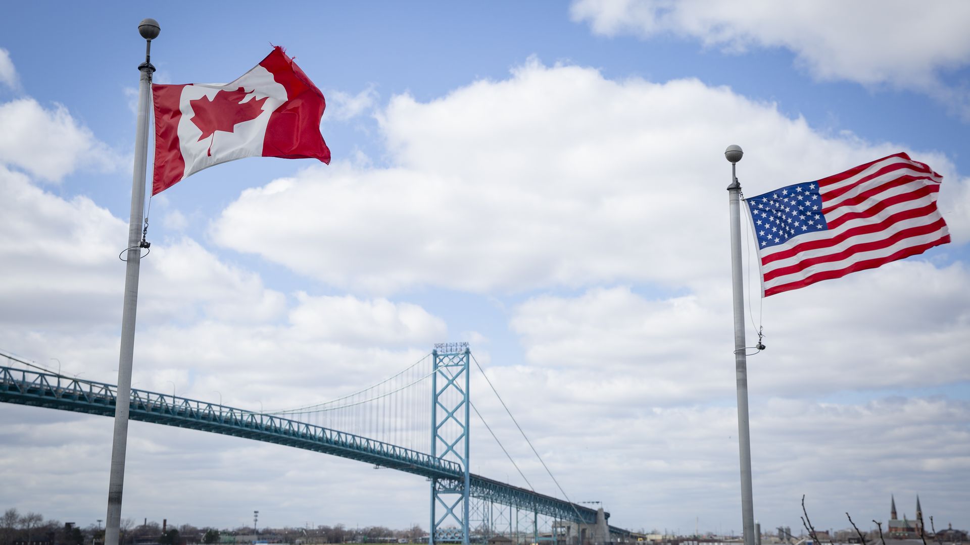The Ambassador Bridge spans the Detroit River to connect Windsor, Ontario