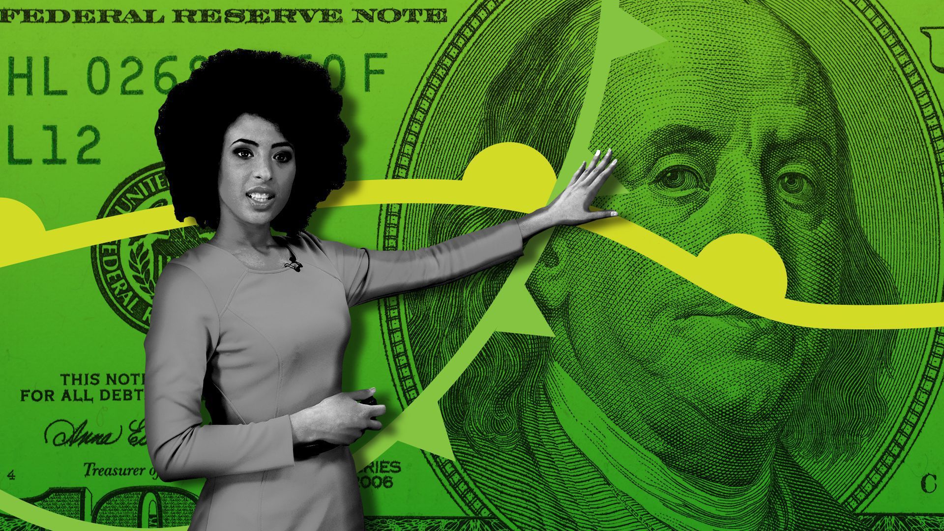 A woman pointing toward a trend line on a dollar bill background