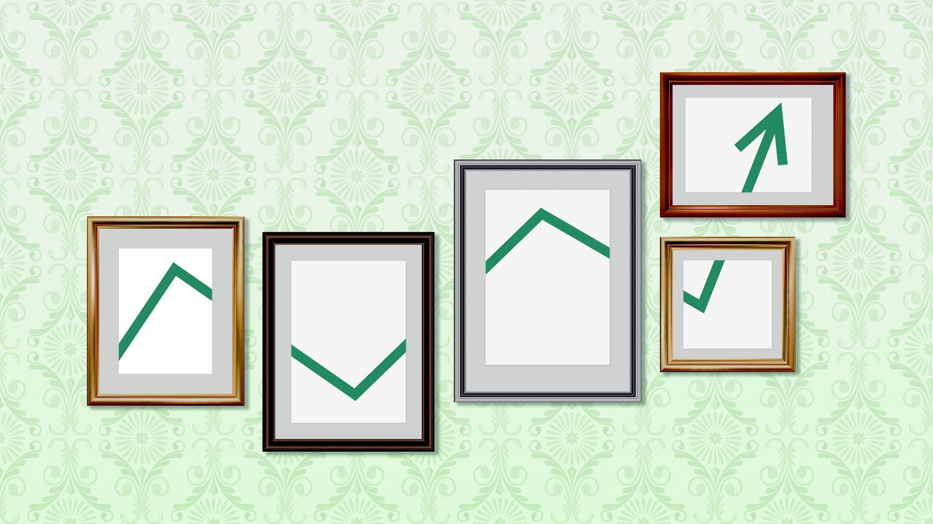 Illustration of a series of segments of an upward trending line in frames on a gallery wall.