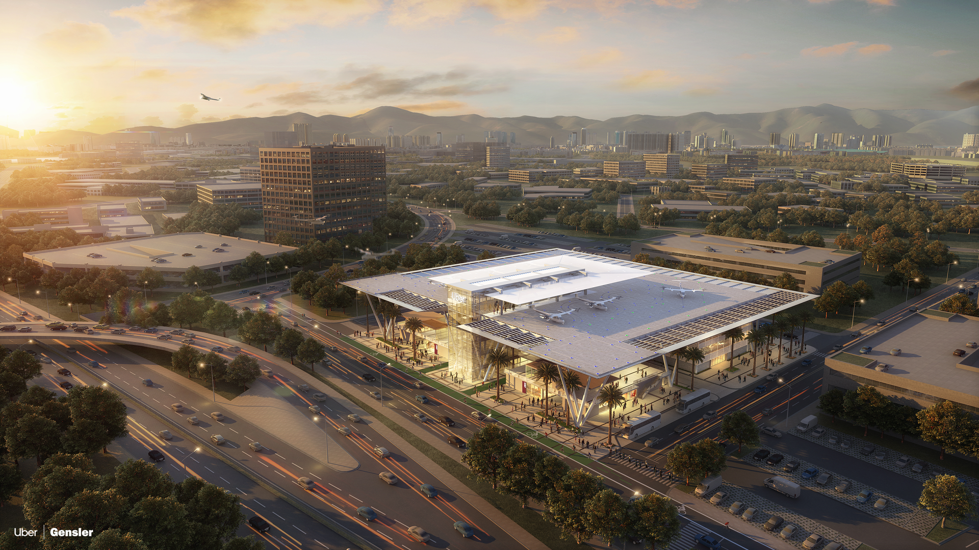 Rendering of an urban skyport for aerial taxis in Los Angeles
