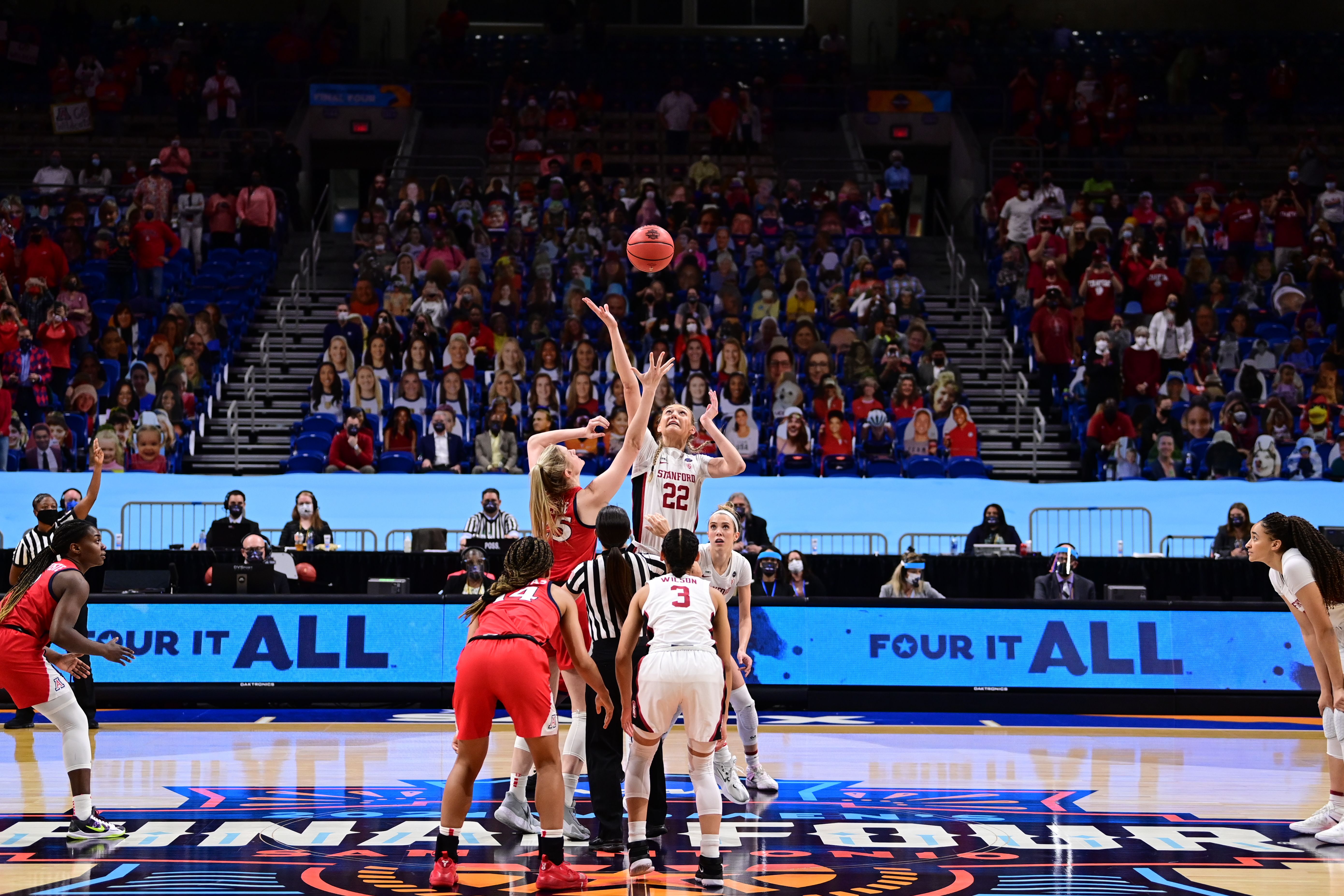 The tip off for the start of the championship game of the NCAA Womens Basketball Tournament at Alamodome on April 4, 2021 in San Antonio, Texas. 