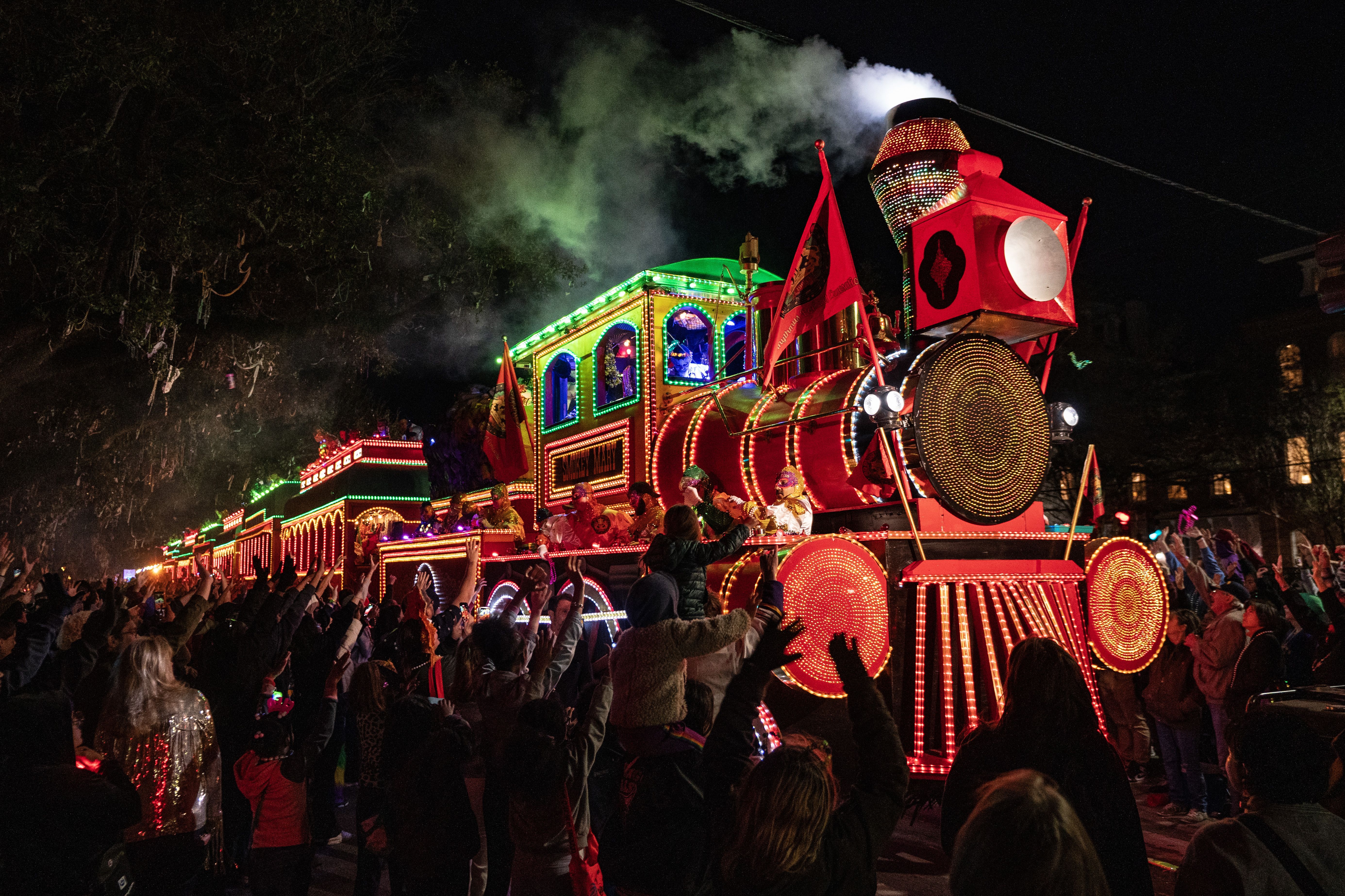 Photo shows the Smokey Mary float in the Krewe of Orpheus