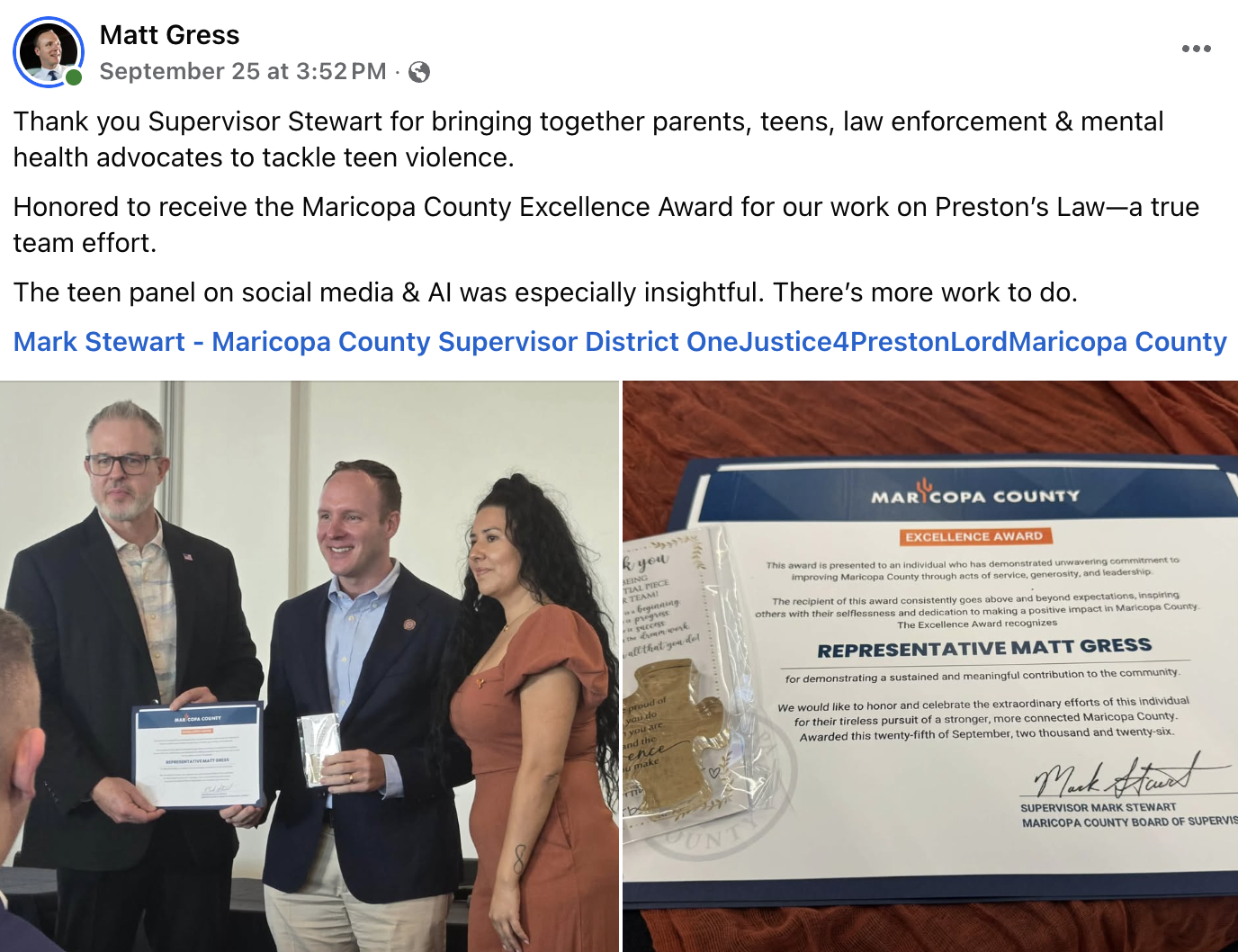 Collage: Mark Stewart, Matt Gress and a woman on a stage; one holds a certificate while others smile. Right shows a Maricopa County award certificate honoring Representative Matt Gress.