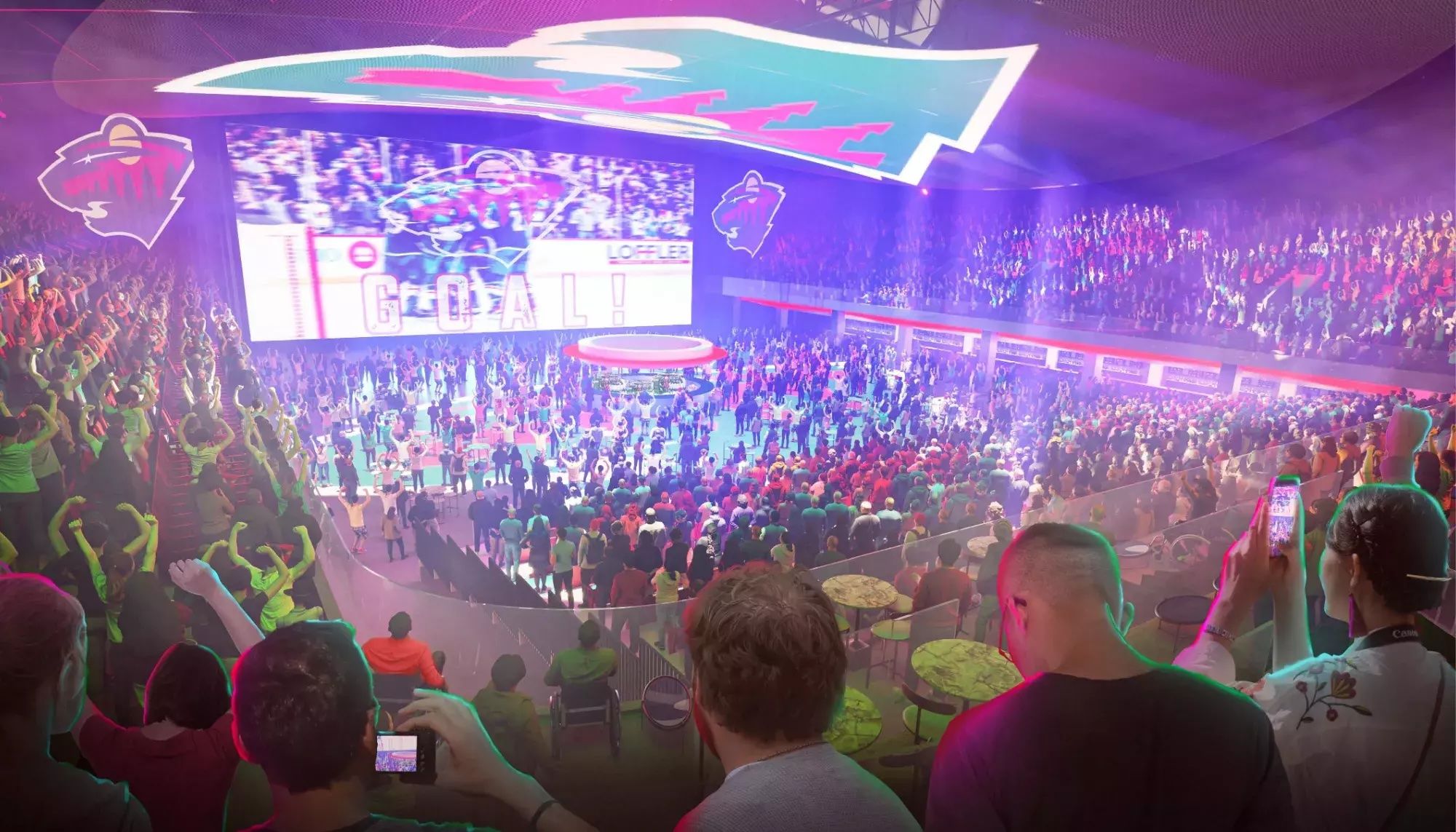 A concept rendering featuring the interior of Roy Wilkins Auditorium in St Paul showing a crowd watching a hockey game on a big screen