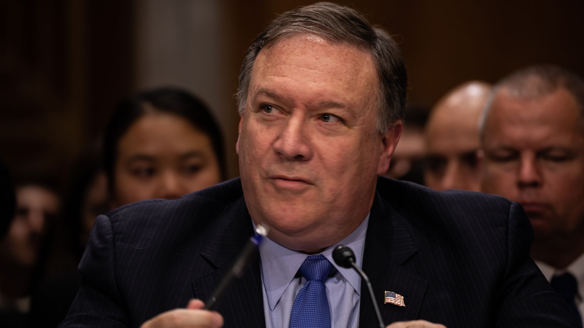Mike Pompeo seated during his Senate testimony