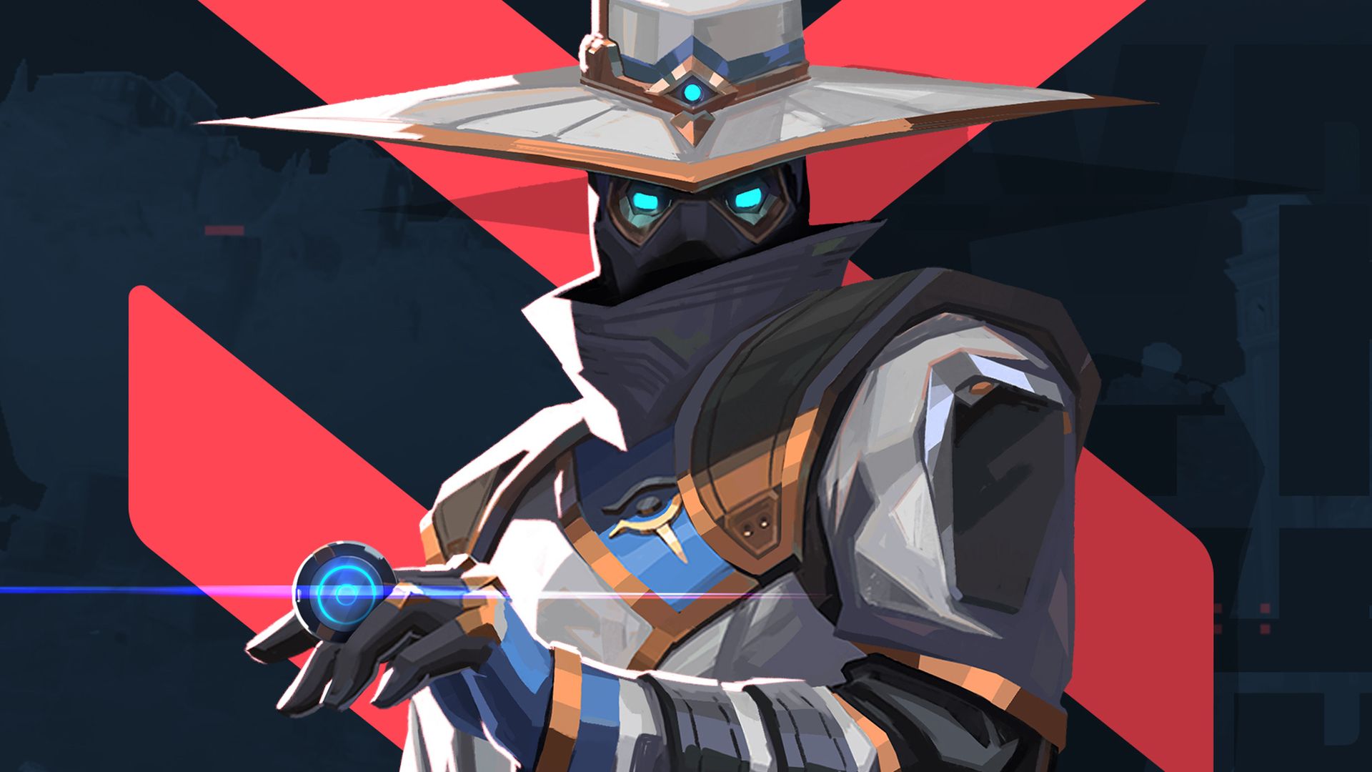 Close-up illustration of a humanoid video game character in a white wide-brimmed hat. 