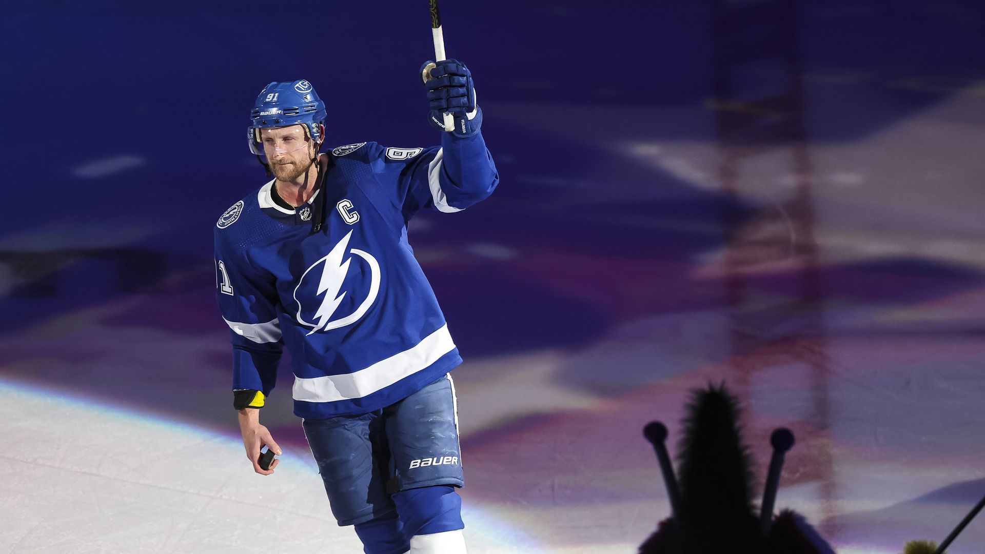 Steven Stamkos #91 of the Tampa Bay Lightning celebrates the win against the Florida Panthers in Game Four of the First Round of the 2024 Stanley Cup Playoffs at Amalie Arena on April 27, 2024 in Tampa, Florida.