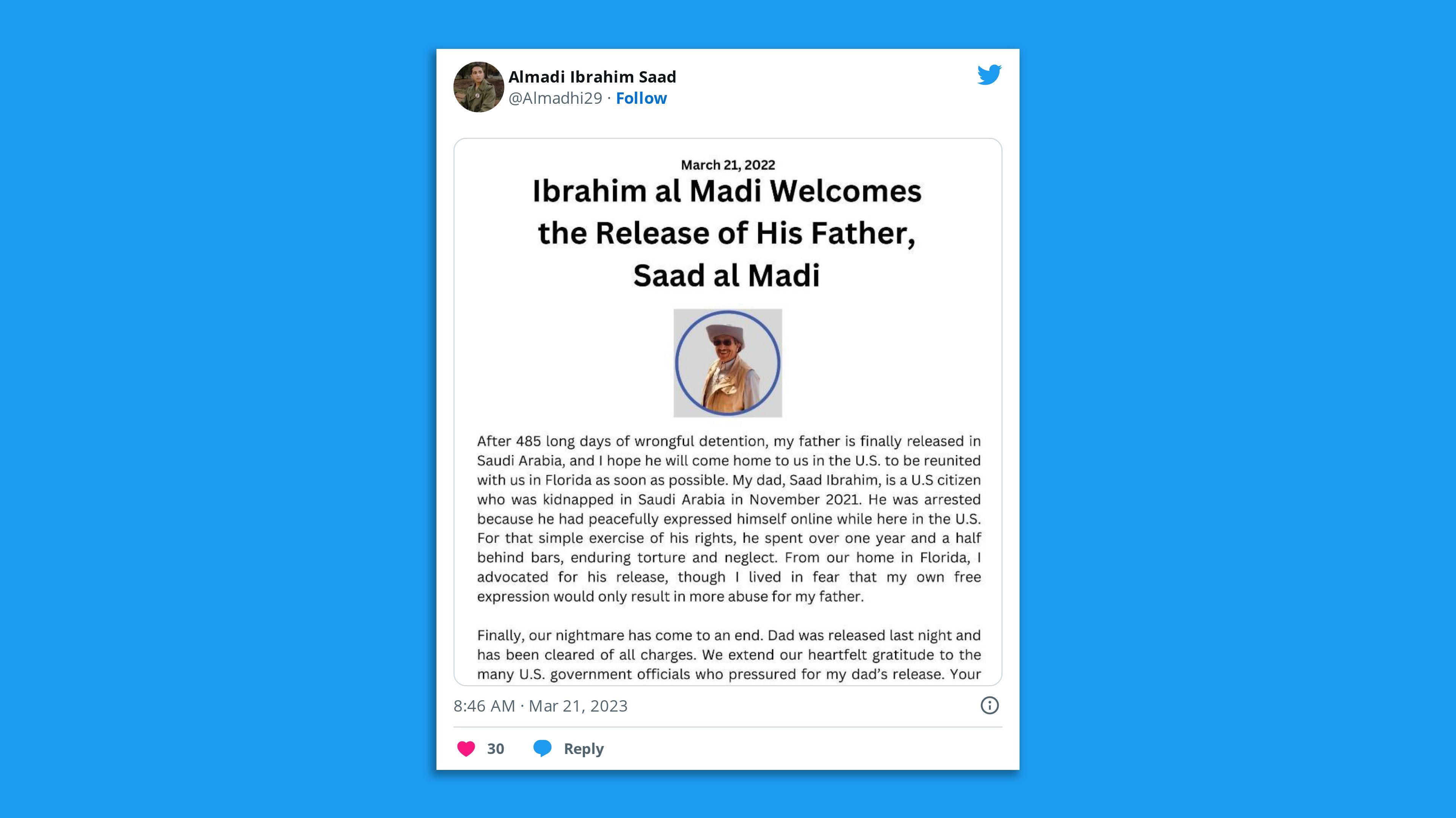A screenshot of a tweet by Ibrahim Almadi saying he hopes he and his father Saad Ibrahim Almadi could be reunited in Florida soon now he's been released from Saudi prison..