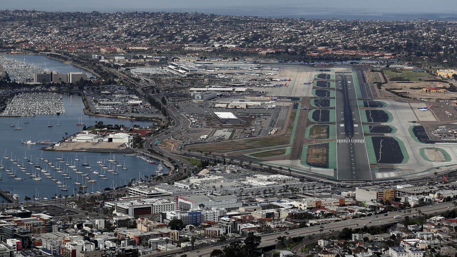 SAN DIEGO, CA - MARCH 20: Aerial view of the San Diego International Airport on March 20, 2020 in San Diego, California. 