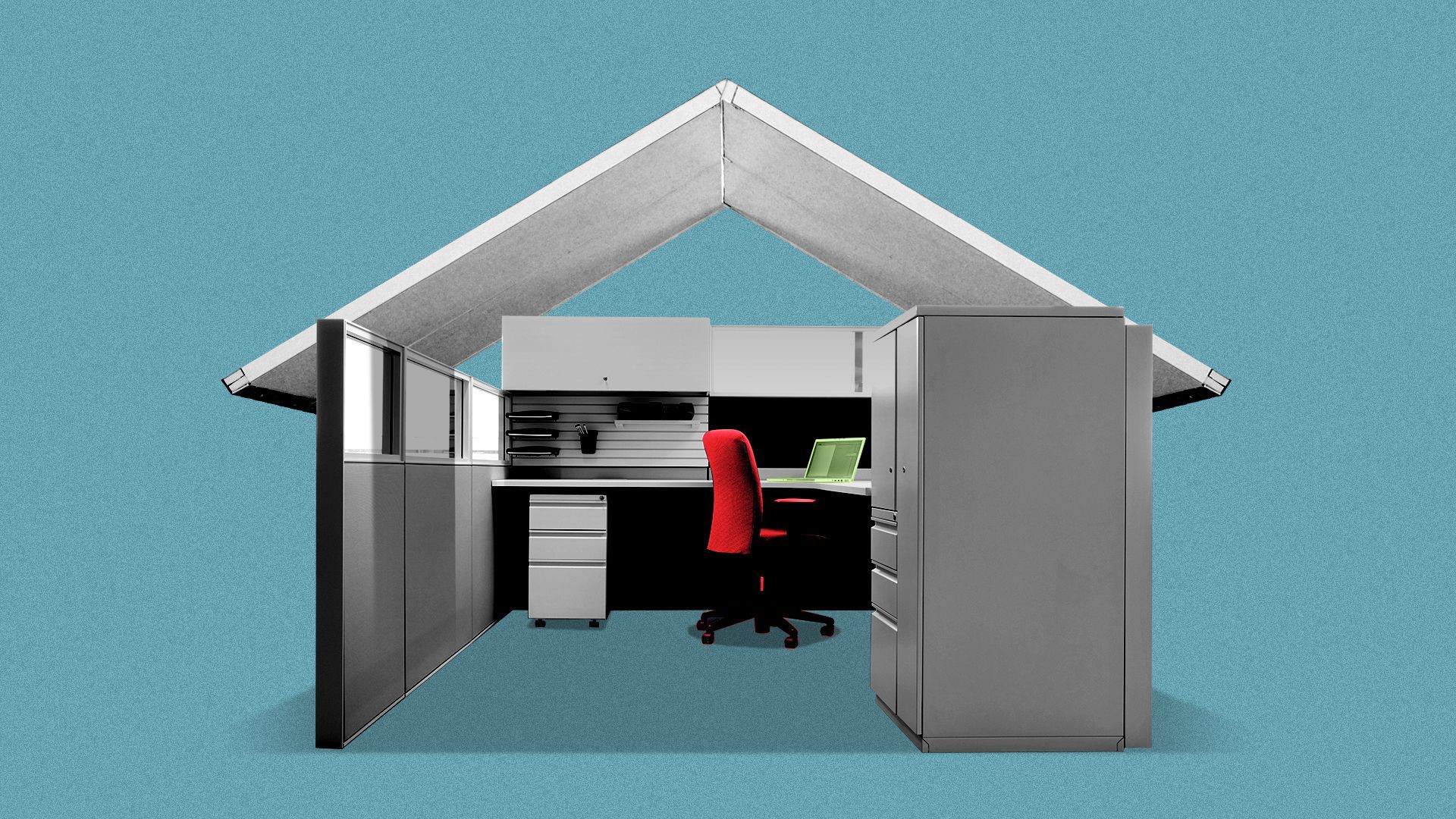 Illustration of an office cubicle with a roof like a house.