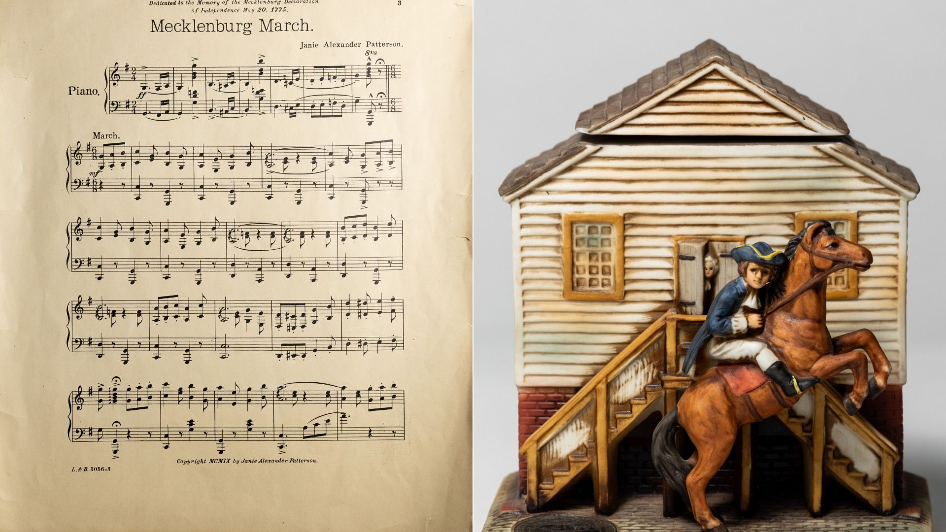 Sheet music of the Mecklenburg March and a ceramic figurine of Captain Jack's ride. 