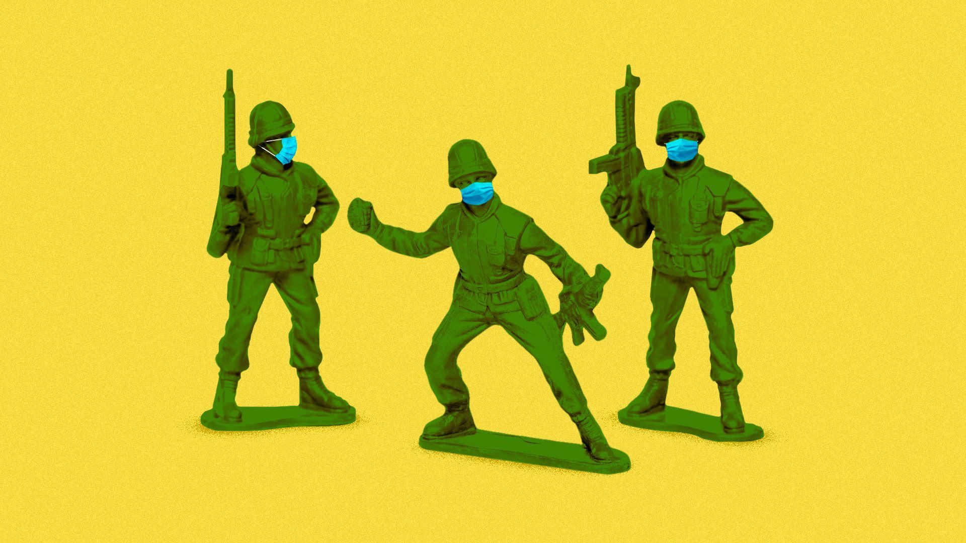 An illustration of toy army men wearing surgical masks