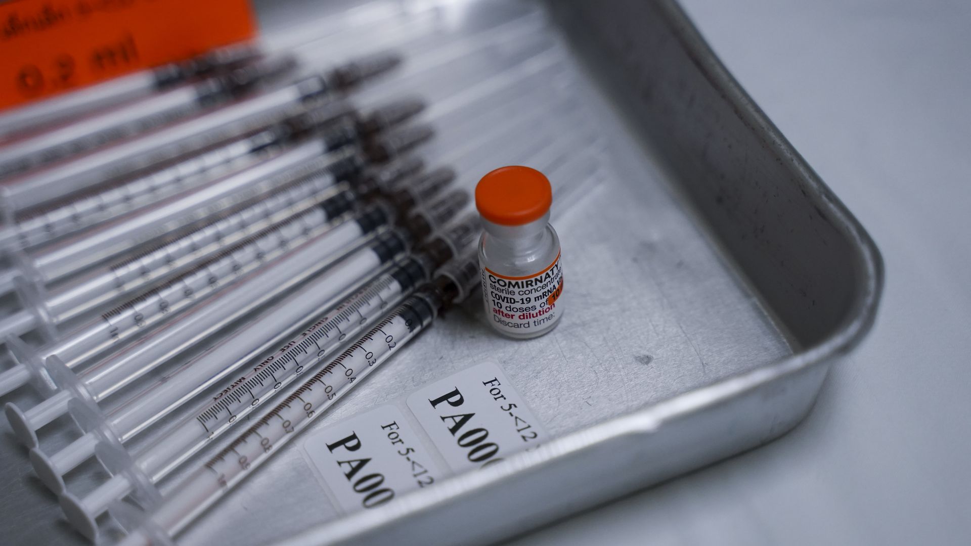 A view of syringes containing 0.2 ml of Pfizer COVID-19 vaccine for children.