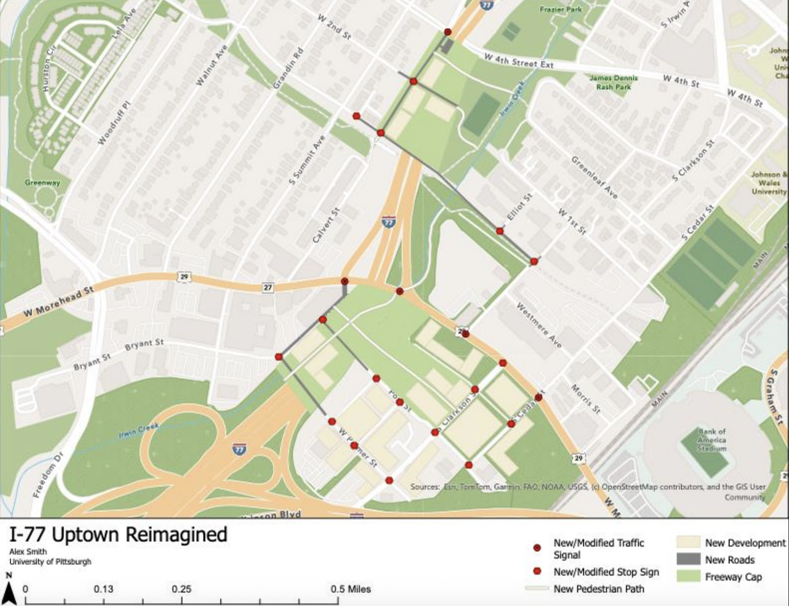 Map of I-77 Uptown Reimagined in Pittsburgh showing orange highways, green parks, and a street grid; red pins mark new/modified signals and stop signs; gray lines indicate pedestrian paths.