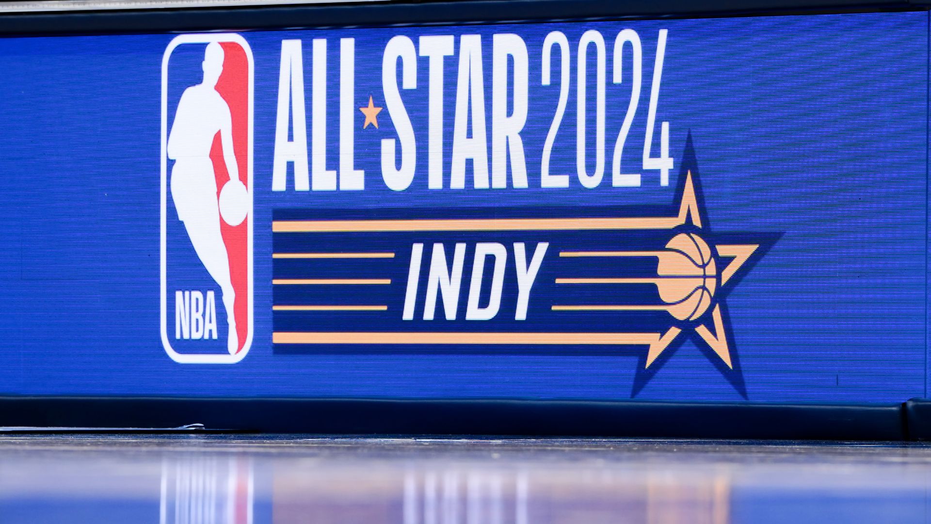 A detail view of signage advertising the 2024 NBA All-Star game during the game between the Utah Jazz and the Indiana Pacers at Gainbridge Fieldhouse on November 08, 2023 in Indianapolis, Indiana. 